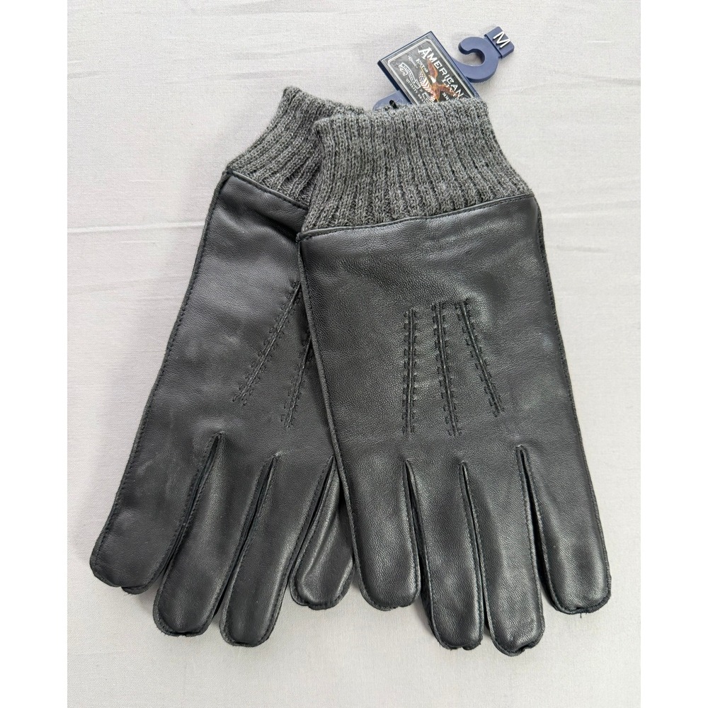 American Living Mens Black Leather Gloves Knit Cuff Fleece Lined Size M New